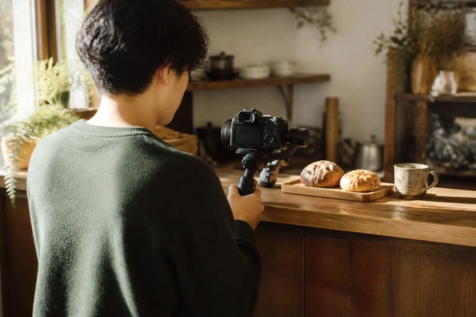 カフェのカウンターに置いたパンと器を、カメラで撮影する後ろ姿